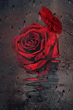 Red rose behind raindrops