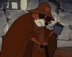Fox in trench coat drinking coffee