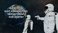 Astronauts in space with Earth and text