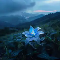 glowing blue lily in misty mountains