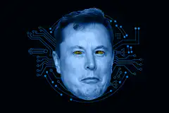 Elon Musk with glowing eyes and tongue