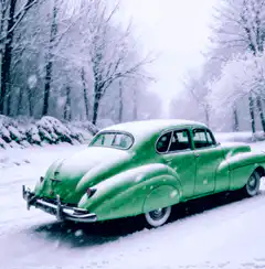 Green vintage car in snowy forest
