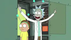 Rick Sanchez excitedly points while Morty looks bored