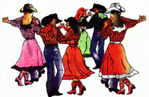 Couples line dancing in cowboy hats