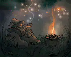 Wizard smoking pipe by campfire