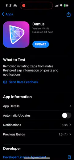 Damus app beta builds list