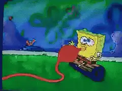SpongeBob inflates with a hose