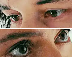 Split screen close up of two pairs of eyes