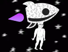 Naked man with rocket head in space