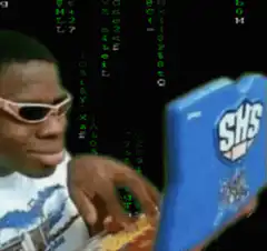 Kid typing on laptop with Matrix code