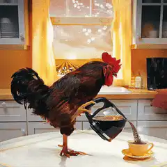 Rooster pouring coffee in kitchen