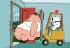 Brian drives forklift to remove Peter