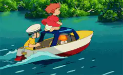Kiki and Jiji in a motorboat