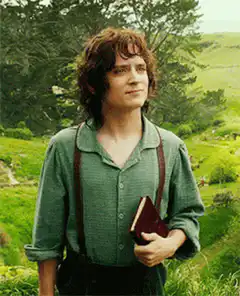 Frodo Baggins looking around with a book