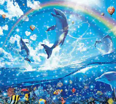 Dolphins jumping with rainbow and underwater fish