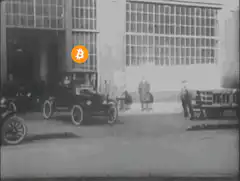 Vintage car with Bitcoin and lightning bolt