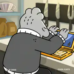 Moose typing on laptop then looks up