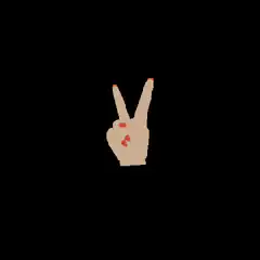 Hand making peace sign with text