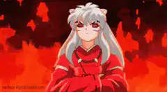 Inuyasha with red eyes and fire background
