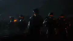 Soldiers standing in fire
