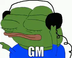 Pepe with headphones saying GM
