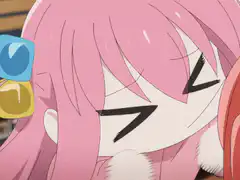 pink hair anime girl squinting