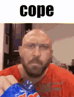 Bald man eating chips cope