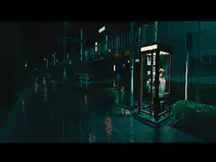 Pixel art rainy night street phone booth