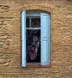 Floral curtain blowing in window
