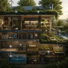 sustainable off-grid house with solar panels and hydroponics