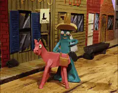 Blue monster rides pink horse
