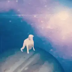 White dog on planet with giant bird