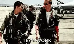 Maverick and Goose walking with teamwork