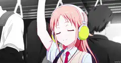 anime girl listening to music on train