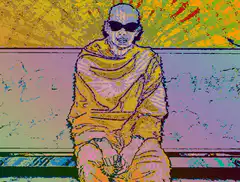 Psychedelic sitting monk with sunglasses