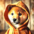 Shiba Inu in orange hoodie zooming