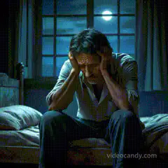 Man sitting on bed holding head in distress