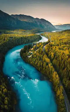 Aerial view of a winding river through autumn forest