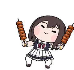 chibi girl dancing with meat skewers