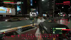 Cyberpunk 2077 character in white robe with gun