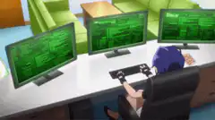 anime girl typing on three monitors