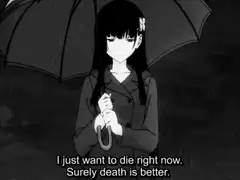 Sad anime girl with umbrella in rain