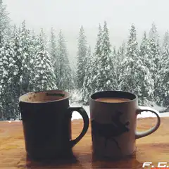 Two mugs on a table with snowy forest background