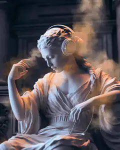 Classical statue listening to music with headphones