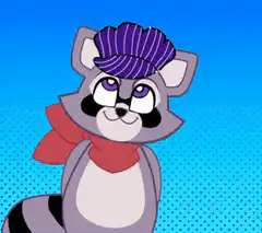 Raccoon with purple hat and red scarf