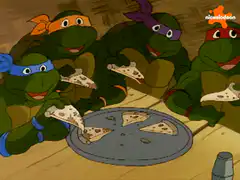 Teenage Mutant Ninja Turtles eating pizza