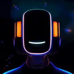 Neon robot head with glowing hands