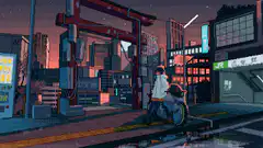 Anime girl on motorcycle at night