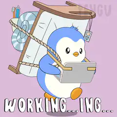 Penguin working on laptop with bed on back