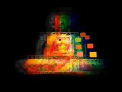 pixelated buddha with floating shapes